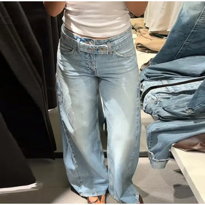 Y2k Hot Fix Rhinestone Cutout Women's Jeans Summer Street Low-rise Wide Leg Loose Denim Pants Lady New Fashion Party Trousers