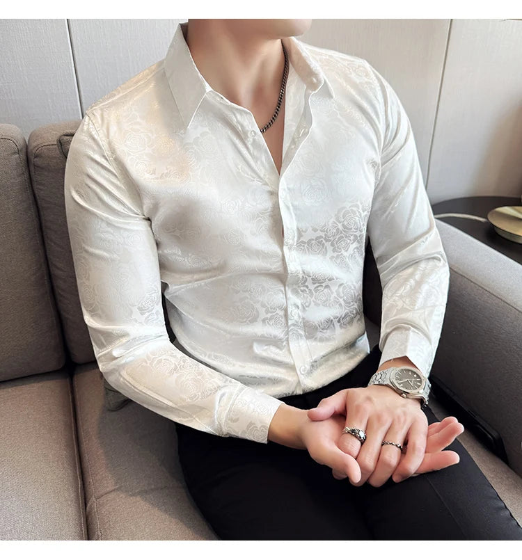 Men's Social Shirt New Rose Printed Long Sleeve Shirt Luxury Fashion Business Slim Fit Formal Shirt Men's Clothing 4XL-M