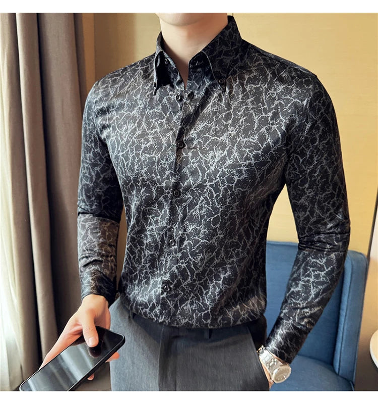 Camisas jacquard vintage de luxo, manga comprida de alta qualidade, slim fit, smoking casual, camisas sociais para casamento, tamanho 4XL-M