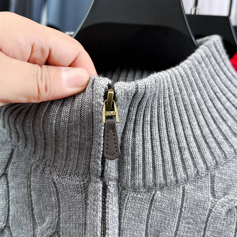Heshi Brand Fashion American 2025 Vintage Stand Collar Zipper Embroidery Sweater Fried Dough Twists 3D Autumn Winter Knitwear