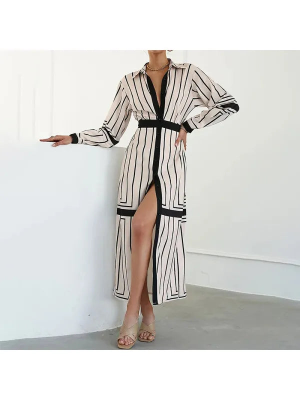 New Fashion Shirt Long Dress Women's Turn Down Button Elegant Office Lady Long Sleeve Dresses Women Casual Striped Maxi Dress
