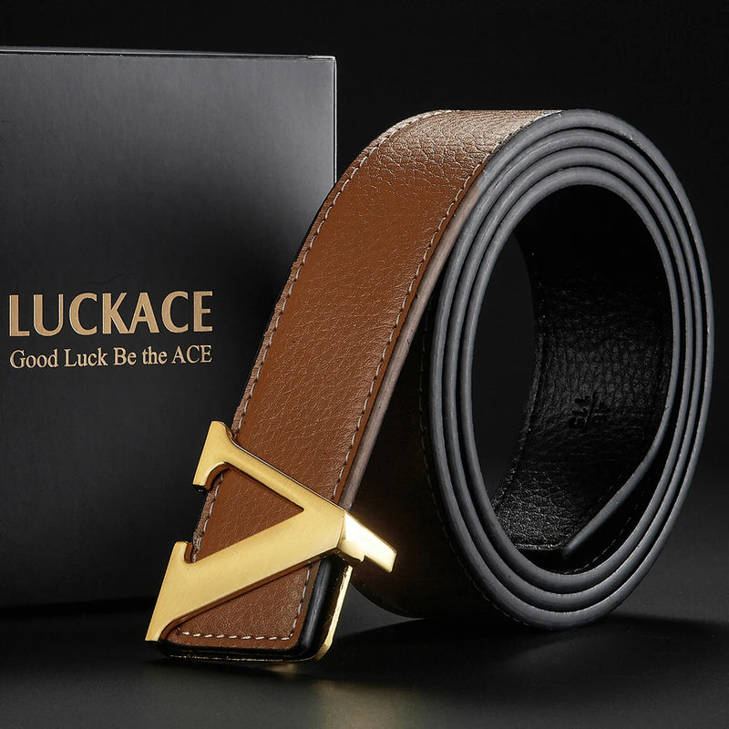 Cinto de design LUCKACE para homens, moda feminina, luxo, letras, fivela lisa, liga, fivela em V, cintos de couro, presentes, cintura