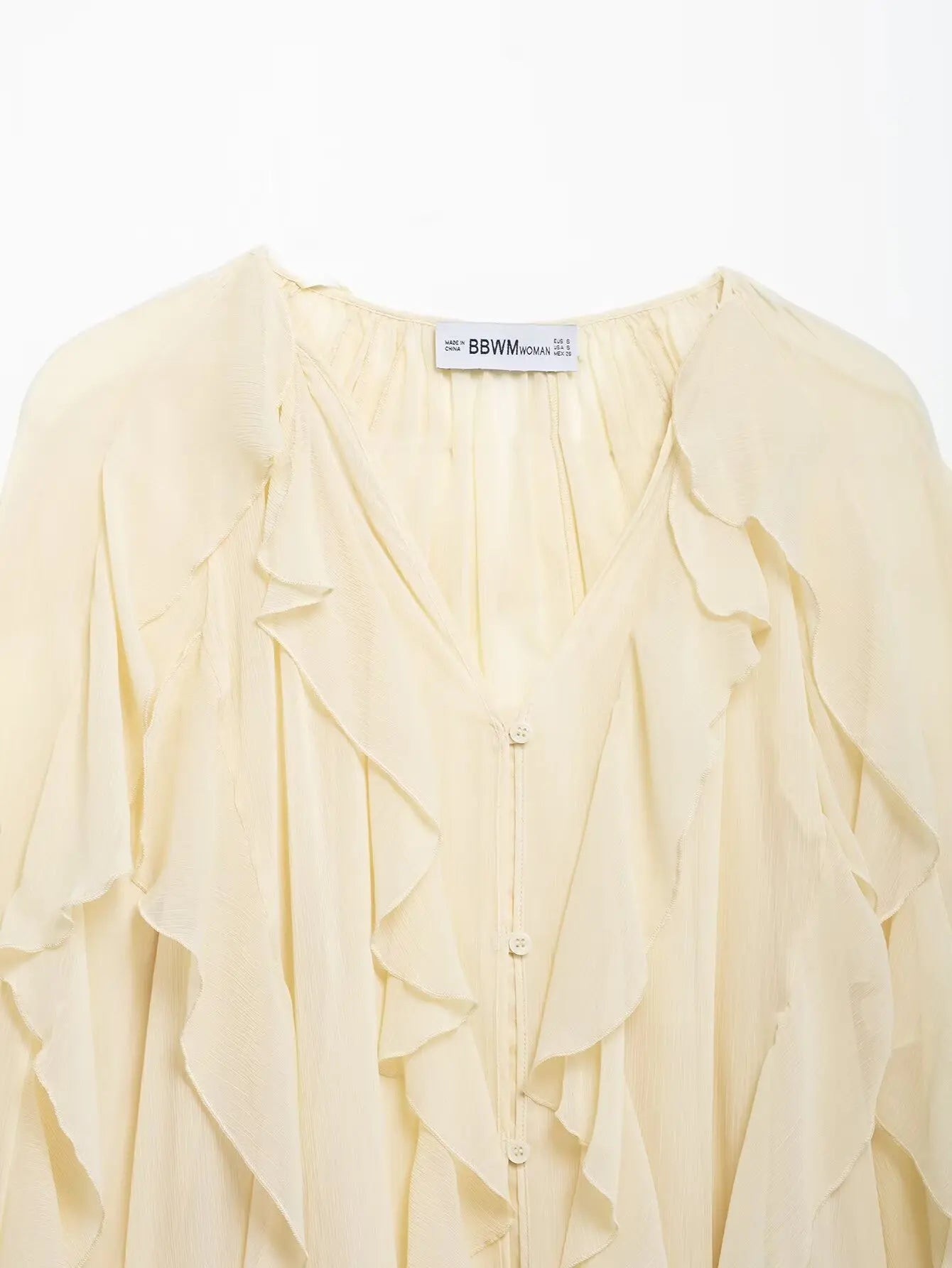 DUOPERI Women Fashion Solid Ruffled Blouse Vintage V-Neck Long Sleeves Female Chic Lady Shirts
