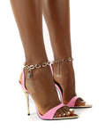 Sandálias femininas da moda com corrente dourada e tira no tornozelo, sexy, peep toe, salto alto de metal, sapatos de casamento, sapatos de festa para mulheres