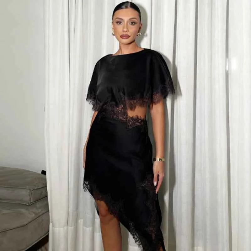 HXAO Cut Out Black Dress Woman Asymmetrical Lace Midi Dress Cape Sleeve Elegant Party Dresses Women Sexy Luxury Cocktail Dress