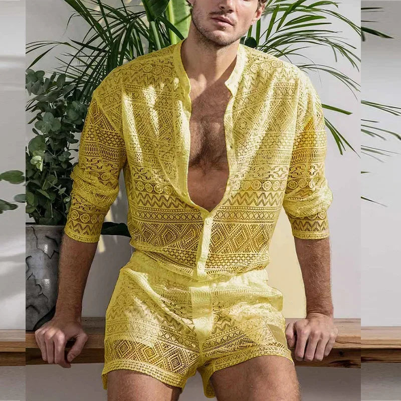 Conjuntos masculinos de manga comprida, camisa com recorte de renda, shorts casuais, terno masculino de duas peças