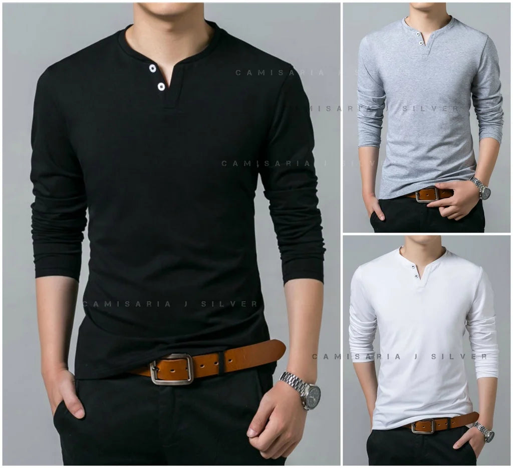 HENLEY CANNELLED Slim Fit Long Sleeve 2 BUTTONS T-Shirt-6 COLORS AVAILABLE
