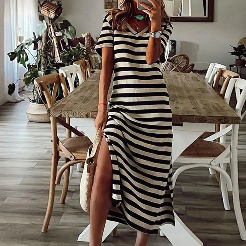 Vestidos Plus Size Vestidos Para Mulheres Casual Listra Estampa Decote Em V Manga Curta Solto Vestido Longo Robe Femme