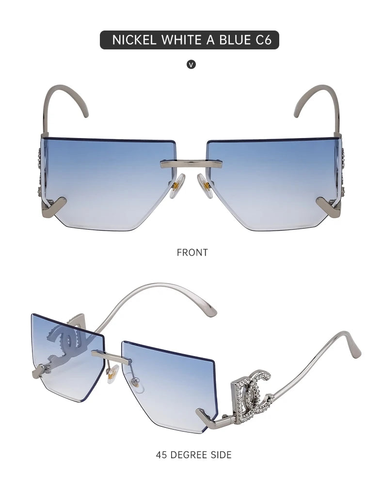 Óculos de sol quadrados sem aro punk femininos, armação de metal, design de marca de luxo, óculos retrô para mulheres, proteção UV400, 2025