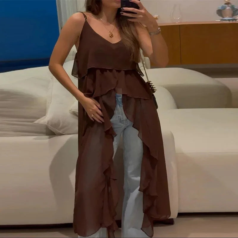 Blusa feminina longa com babados, elegante, lisa, sem mangas, casual, 2025, praia, decote em V, costas nuas, blusa feminina