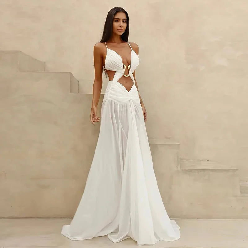 Vestidos longos sensuais vazados  plissados, chiques, decote em V, frente única, sem mangas, costas nuas, linha A