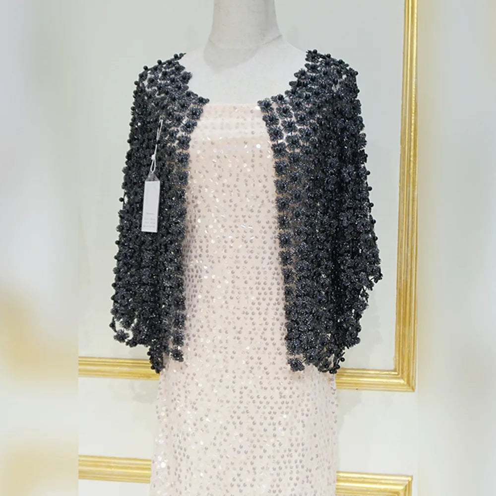 Women Beads Coat 2025 Summer Style Women Perspective Shawl Fashion Hollow Out Lace Boleros Short Sleeve Coats Jackets Femal