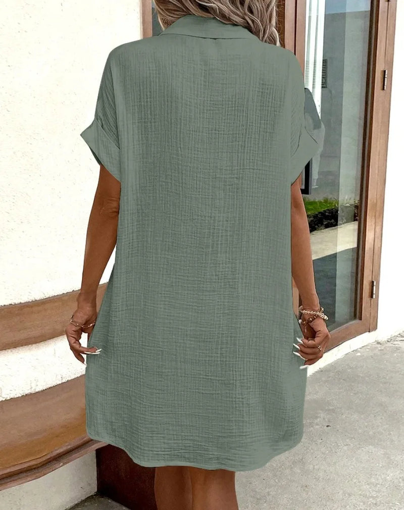 Summer Turn Down Collar Button Up Dress For Women Casual Loose Short Sleeve Pocket Splicing Solid Color Dresses Femme Robe