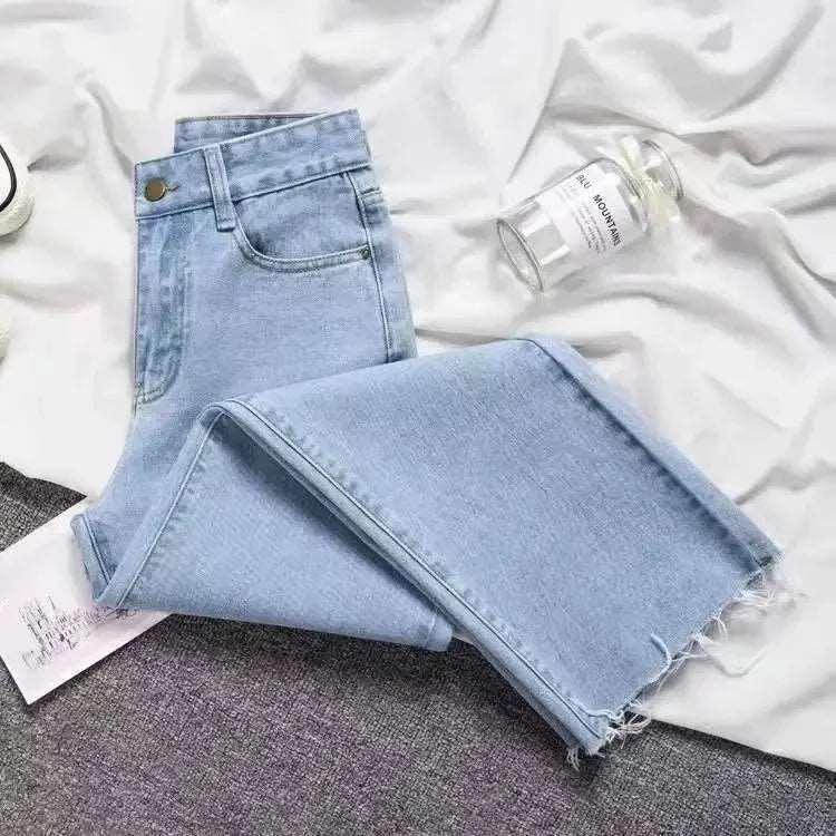 Calça jeans feminina estilo coreano, cintura alta, folgada, reta, com franjas drapeadas, para emagrecimento