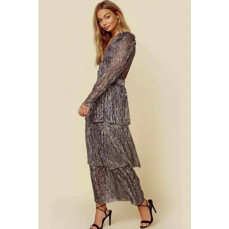 Vestido Feminino Plissado Costura Cintura Alta Vestido Feminino Manga Bufante Decote Em V Irregular Festa À Noite Vestido Elegante
