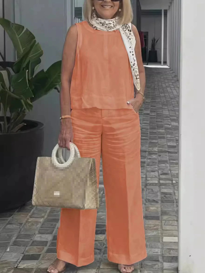 Terno feminino simples de algodão e linho, moda verão, blusa solta sem mangas, calças de perna larga, conjunto de duas peças para mulheres, roupas casuais