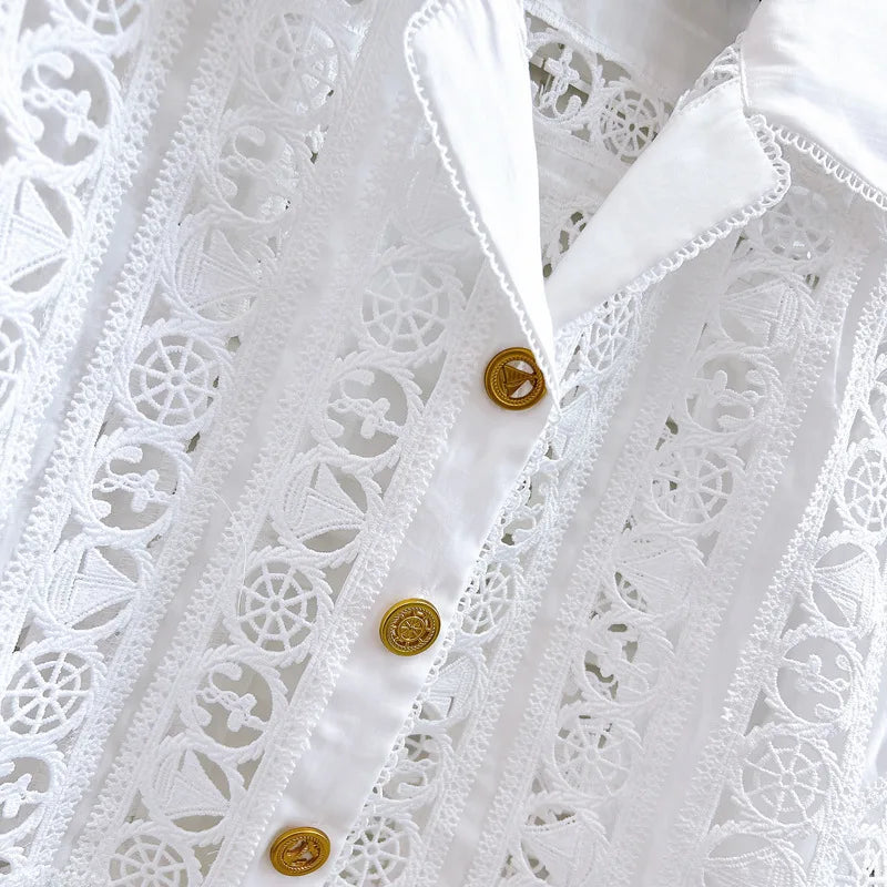 Luxury Hollow Out Dress Two Piece Set Women's 2025 Summer Holiday Embroidered Lace Jackets White Tops Pleated Short Skirts Suits