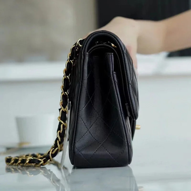 Pequena bolsa de fragrância caviar preto ouro corrente couro litchi padrão diamante grade luxo feminino crossbody bolsa ombro - CRAVO ROSE