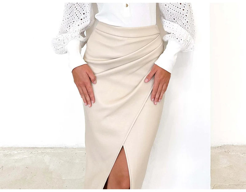 Women Midi Leather Skirt Sexy Split High Waist Zipper PU Front Slit Skirts Ladies Black Faux Leather Folded Skirt For Women