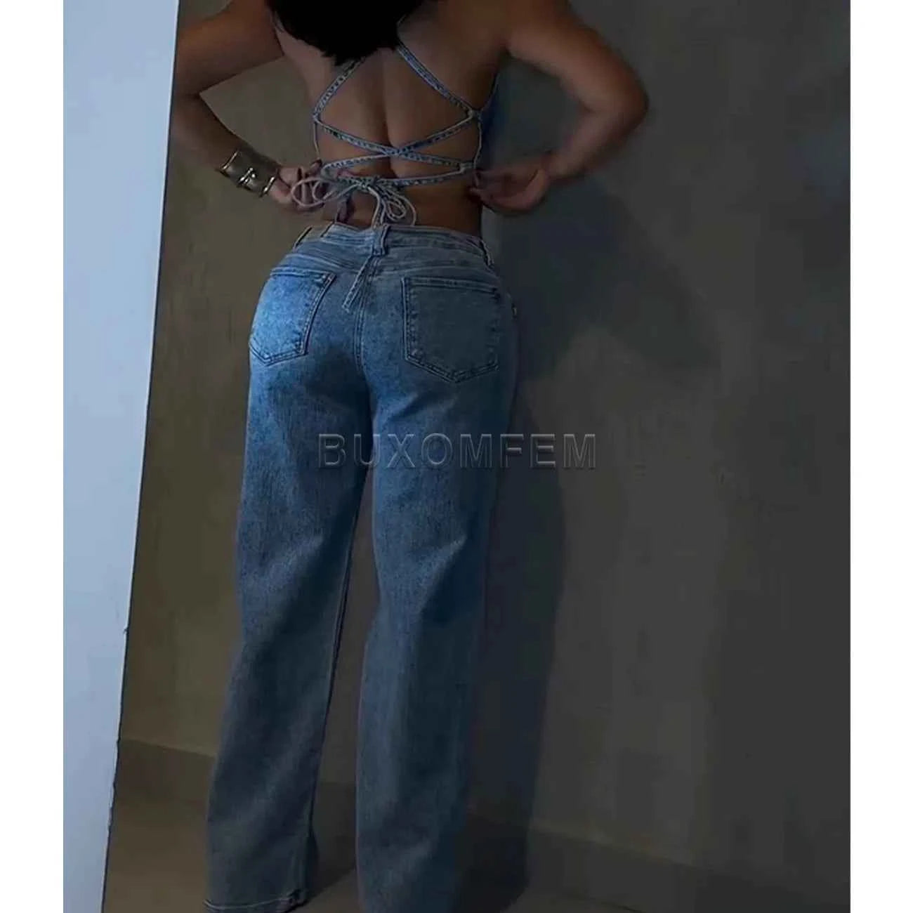 Women's Decorative High Waisted Denim Suits Ladies Stylish Denim Tops & Jeans Female Loose Jeans Streetwear Outfits New Clothing