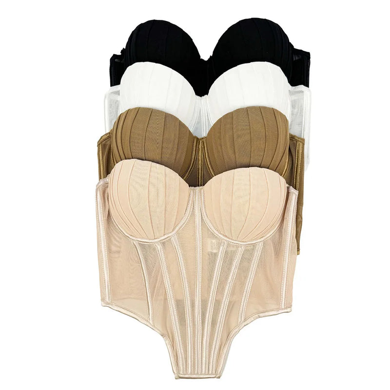 Corpete transparente de malha feminino, faixa espinha de peixe na cintura, corpete bustiê, tops sensuais