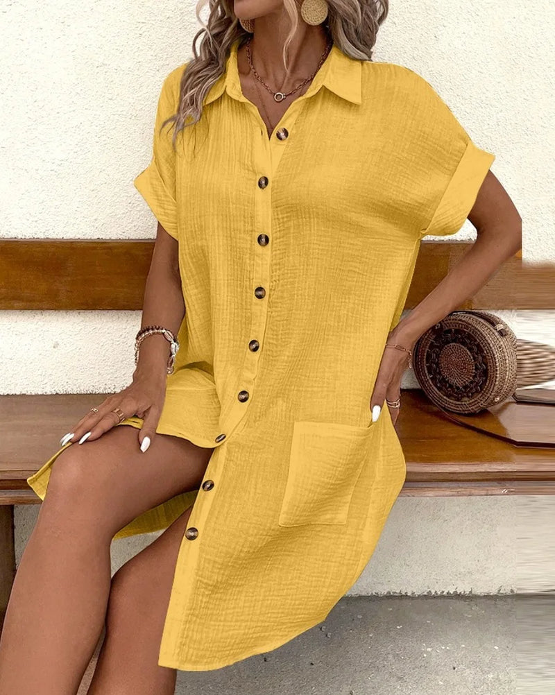 Summer Turn Down Collar Button Up Dress For Women Casual Loose Short Sleeve Pocket Splicing Solid Color Dresses Femme Robe