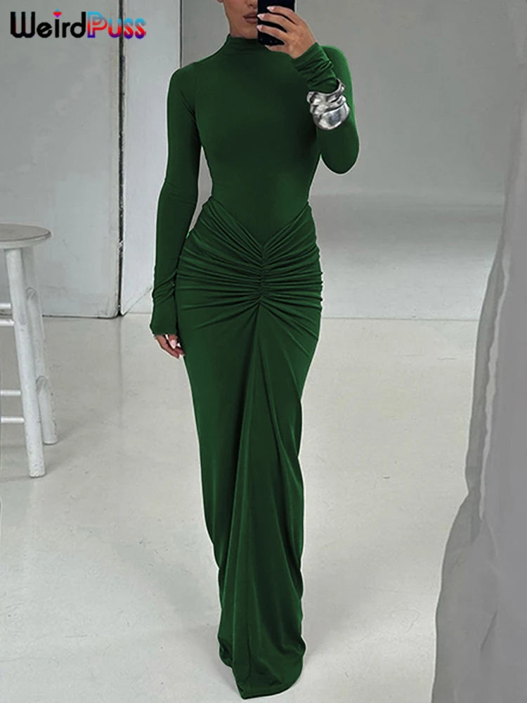Weird Puss Hipster Ruched Dress Women o-NeckFull Sleeve  Skinny Stretch Robe Autumn Trend Simple Classic Pleats Long Bodycon