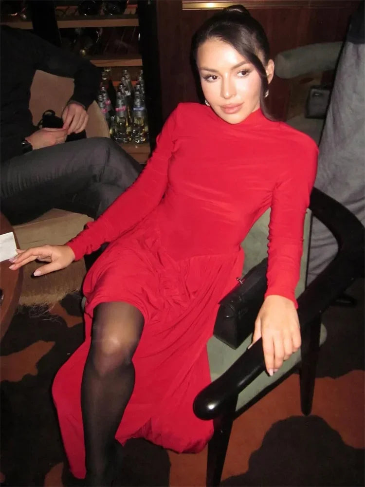 Tuularose Red Hollow Dress Women High Waist Sexy Backless Long Sleeve Gathered Dress Summer Patchwork Retro Party Evening Dress