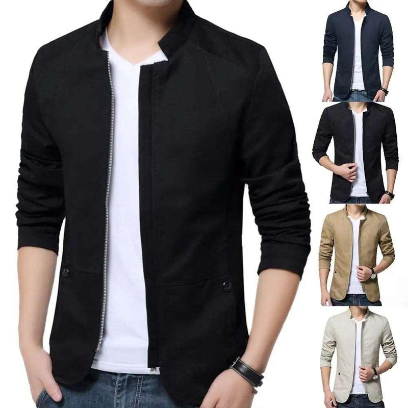 Blazer casual masculino outono cor sólida gola alta bolsos com zíper fino blazer casaco fino terno jaqueta blazer masculino