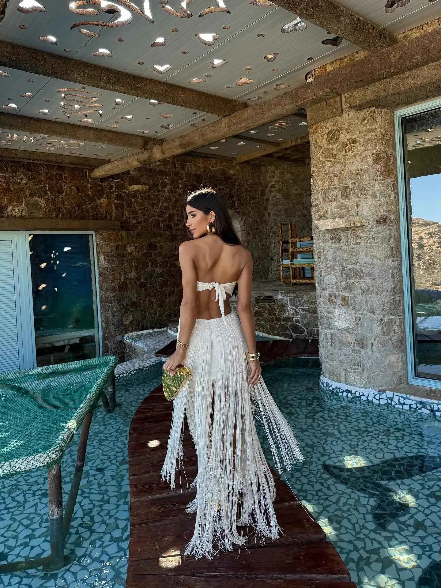 Tassel Maxi Dress Women Bandage Bodycon Cut Out Dress Halter Backless Sleeveless Party Dresses Vestidos Holiday