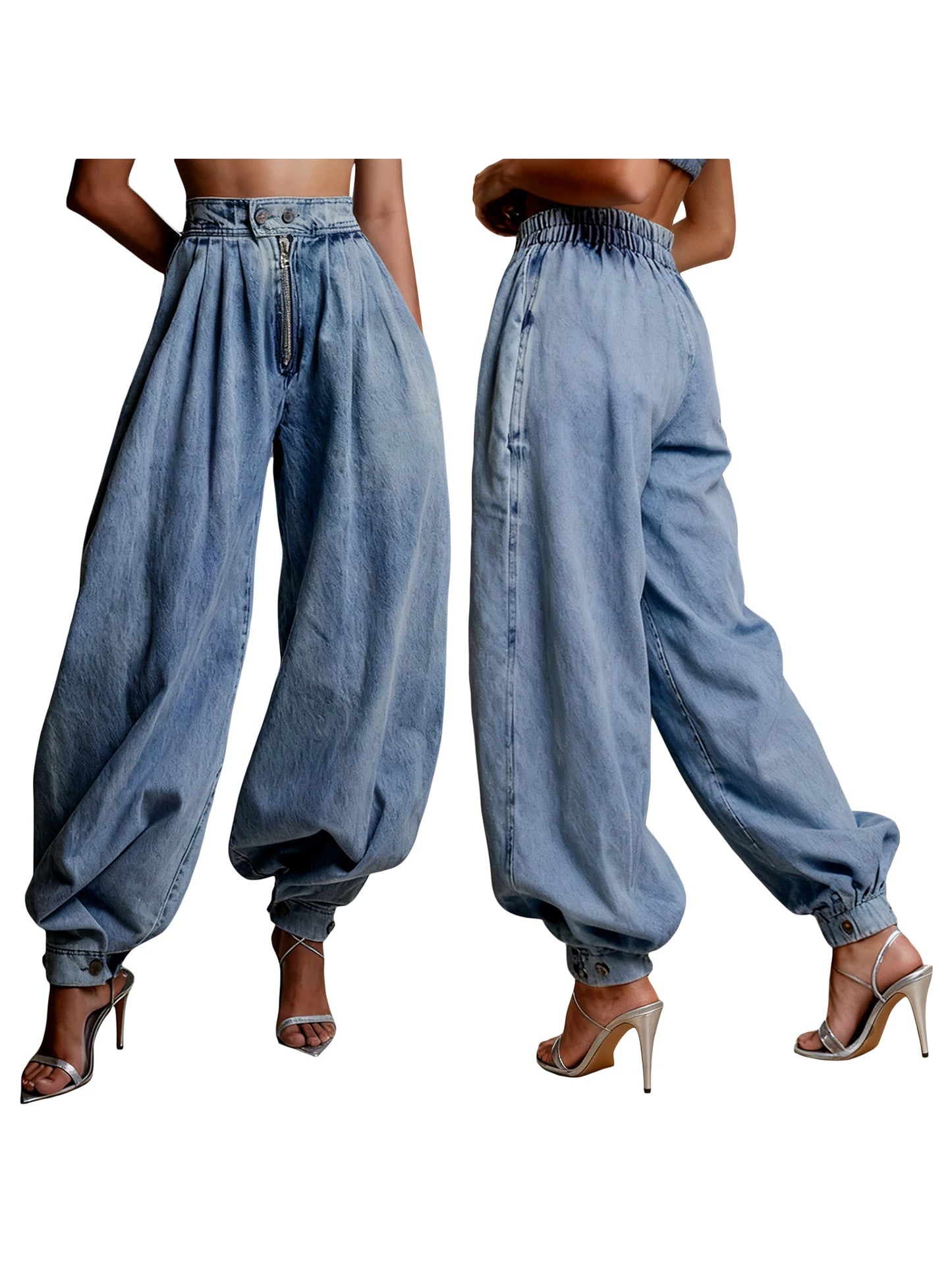 Women Harem Denim Pants Causal High Waist Wide Leg Baggy Solid Color Trousers with Pockets