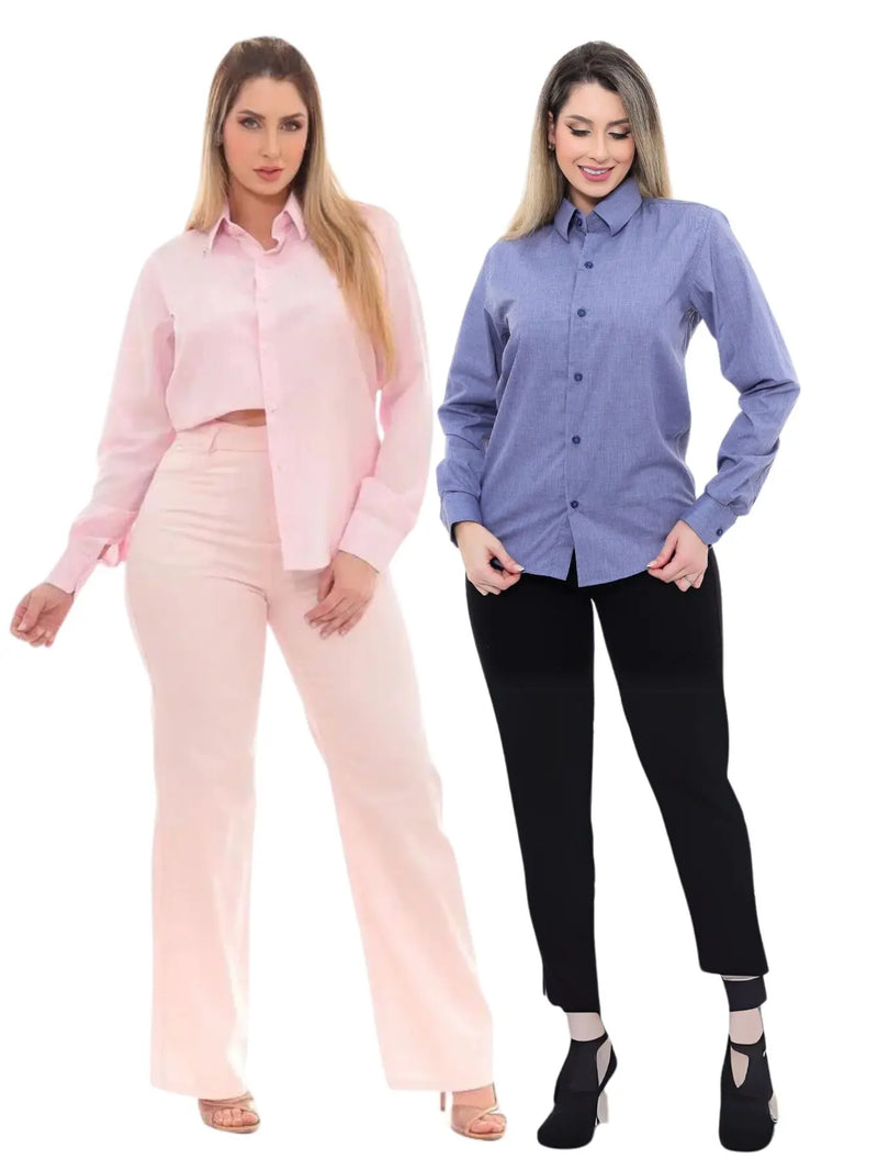 Women's KIT 2 Pieces-Cobalt Blue Linen Premium Social Shirt and Pink Slim Social Shirt