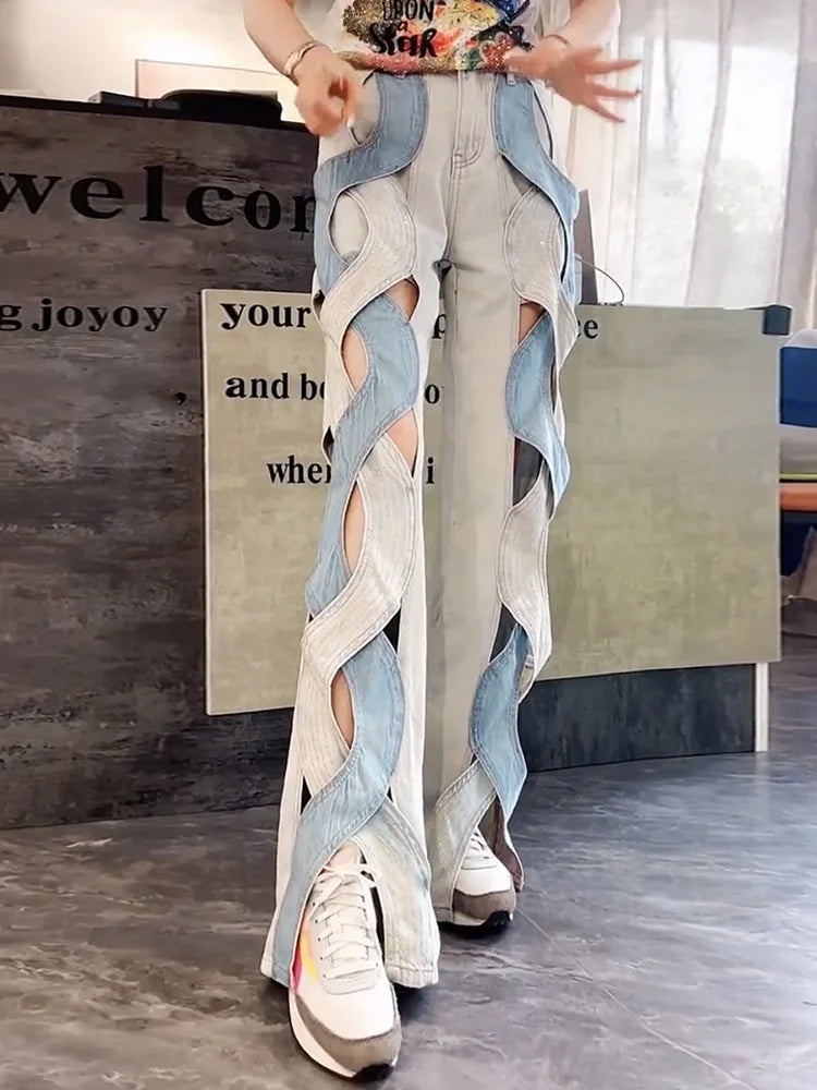 Calça jeans feminina VGH Crisscross Hit Color Streetwear cintura alta patchwork bolsos vazados calças femininas