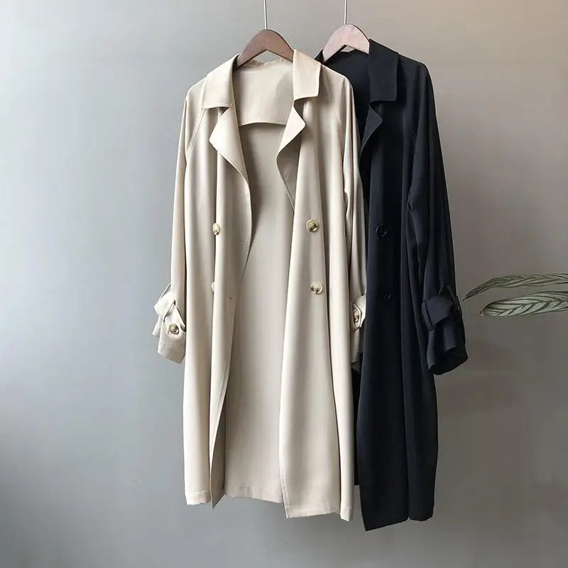 New Fashion Women's Long Trench Coat Spring Autumn Temperament Thin Windbreaker Coat Female Casual Parker Overcoat Apricot Black