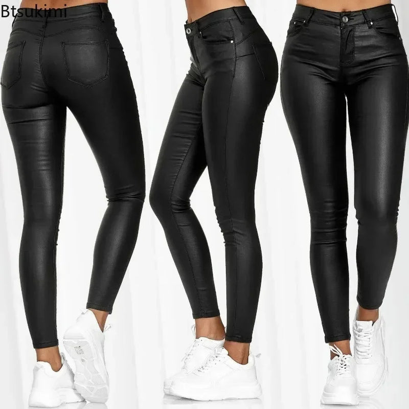 Calças de couro sintético, leggings femininas casuais elásticas e sensuais, couro sintético sólido, calças lápis justas
