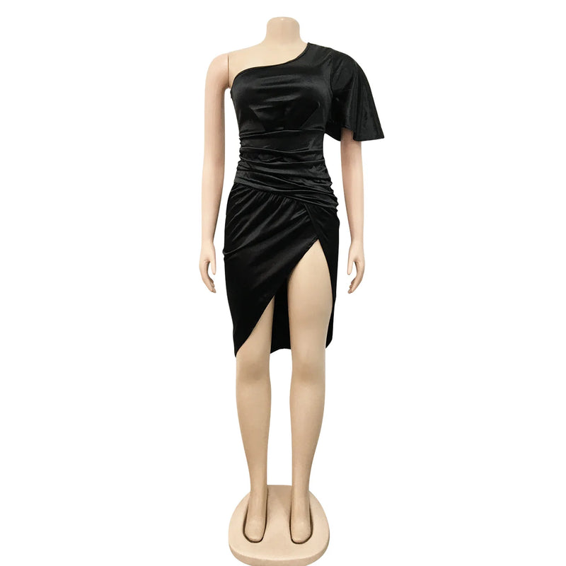Clothing 2022 Summer Solid High Split One Shoulder Elegant Midi Dress For Woman Birthday Nightclub Party Club Dresses Vestidos