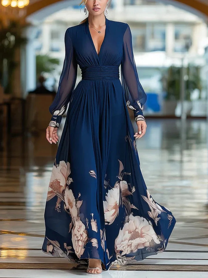 Elegant Long Sleeve Maxi Dress Women 2026 Summer V-neck Florat Print A-line Maxi Dresses Casual