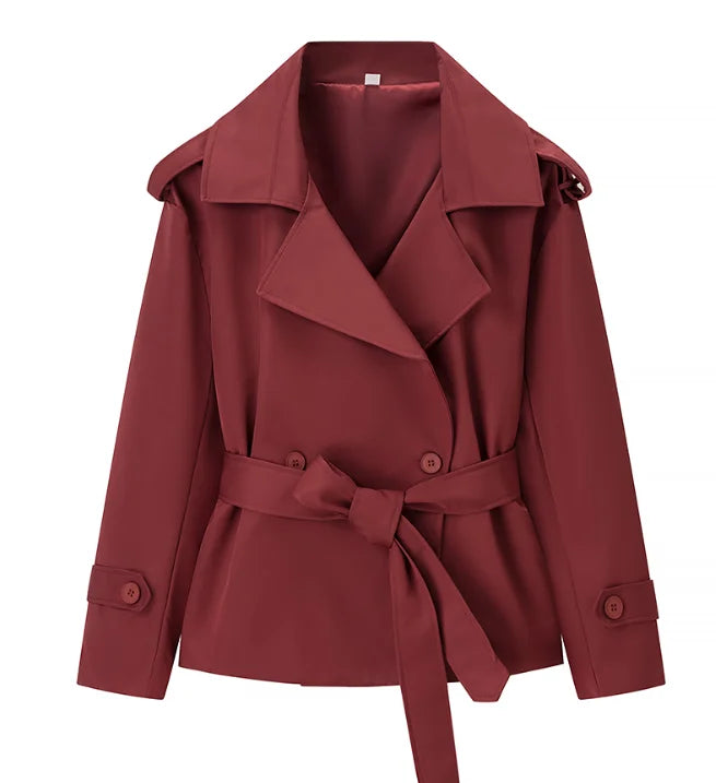Women Lapel V-neck Belt Trench Coat Fashion Lace Up Full Sleeve Button Short Thin Windbreak 2025 New Lady Daily Street Outerwear