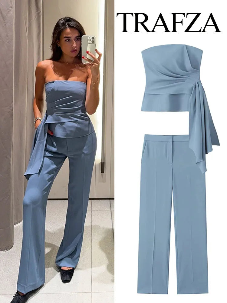 TRAFZA Women 2 Piece Set Solid Asymmetric Folds Side Zip Design Short Vest Top+Fashion Pockets High Waist Casual Wide Leg Pants