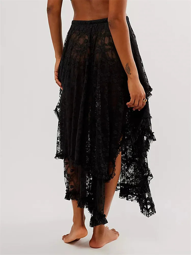 Saias longas femininas de renda, casuais, bainha irregular, camadas, babados, cintura elástica,urbana