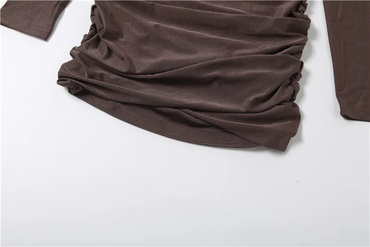 Weird Puss Elegant Shoulder Padded Dress Women Turtleneck Ruched Sexy Classic Office Commute Simple Peach Hip Slim Mini Bodycon