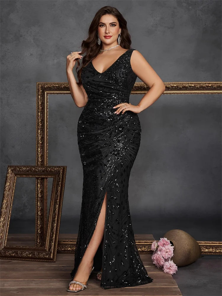 BLUEPLUM Plus Size Elegant Slit Evening Dress 2025 Long Mermaid Formal Sequins Sexy V-neck Caicktail Wedding Party Prom Gowns