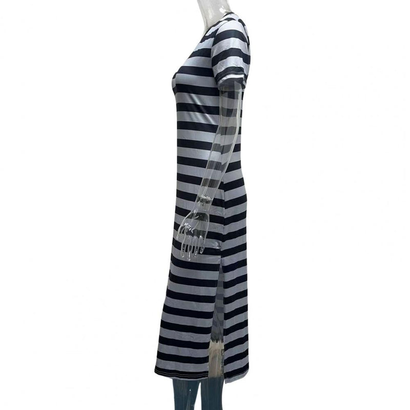 Vestidos Plus Size Vestidos Para Mulheres Casual Listra Estampa Decote Em V Manga Curta Solto Vestido Longo Robe Femme