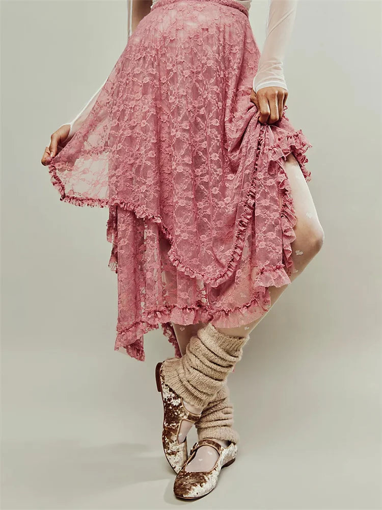 Saias longas femininas de renda, casuais, bainha irregular, camadas, babados, cintura elástica,urbana