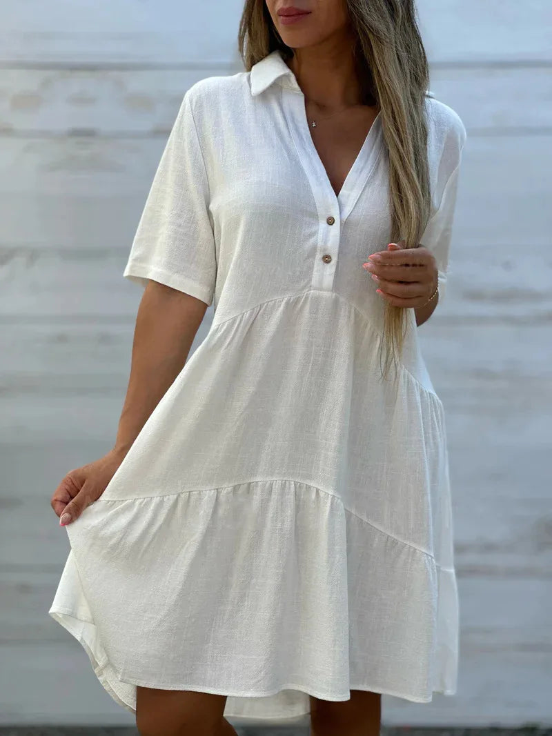 Vestido casual com lapela e babados, linha A, para férias na praia, solto, liso, de algodão e linho, manga curta