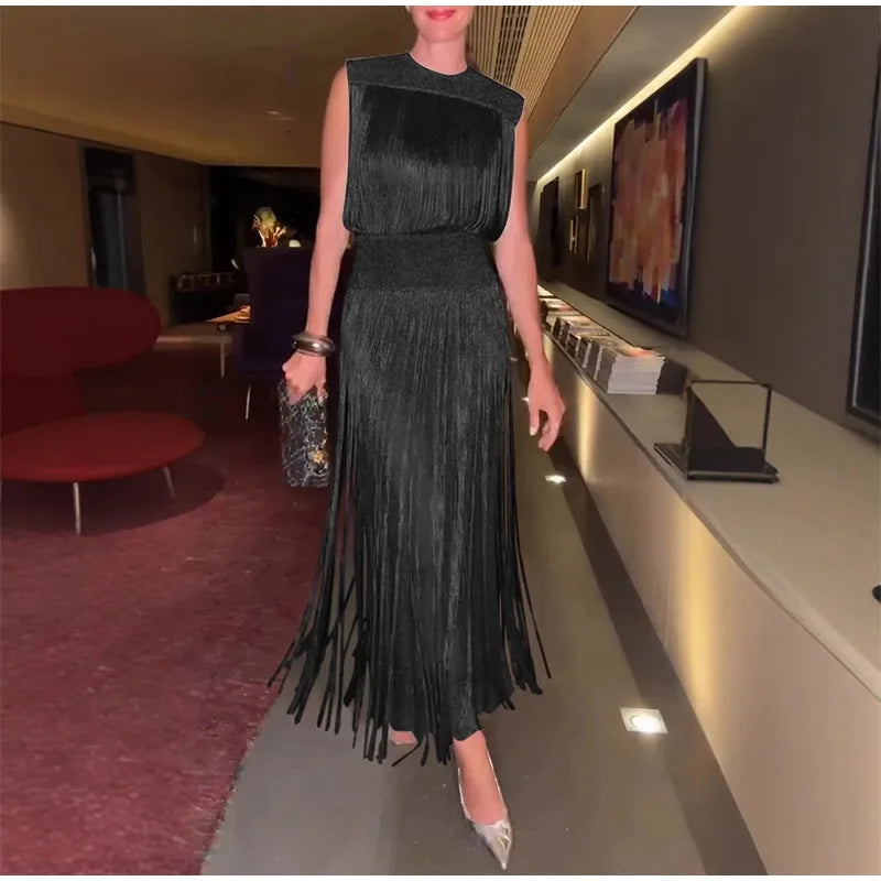 Elegant Tassel Maxi Dress Women Slim Spring Summer O-neck Shine Ankle-length Dresses Lady Sleeveless Solid Robe Female Party