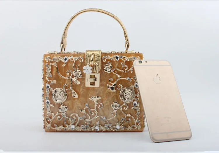 Box Designer evening bag diamond flower Clutch Bag hollow relief Acrylic luxury handbag banquet party purse women's Shoulder bag