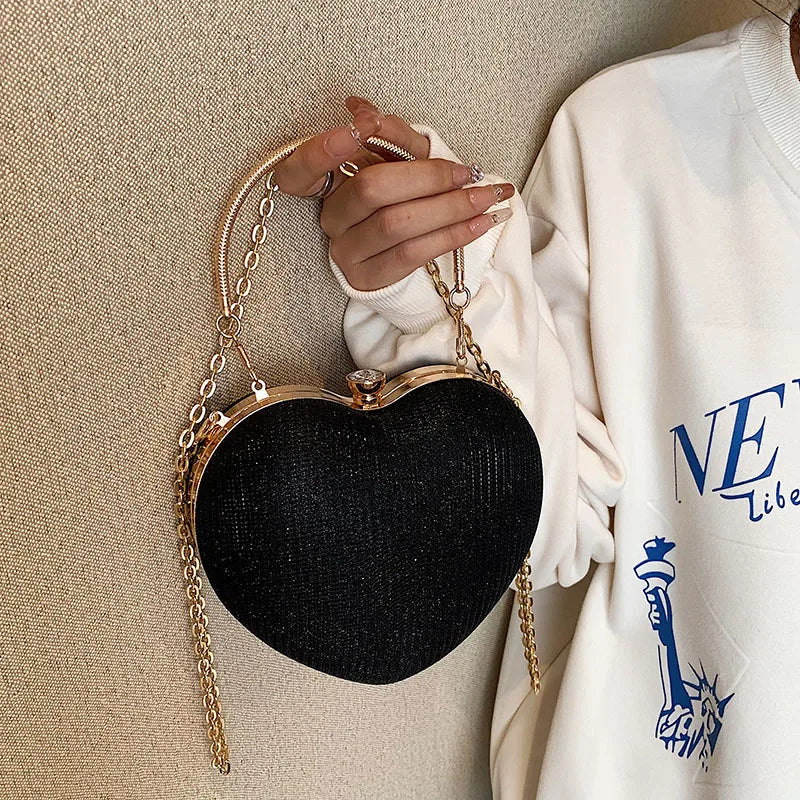 Evening Clutch Bag Women Bag Shiny Handbag Heart Shape Metal Clutches Bag Fashion Chain Shoulder Crossbody Bag Luxury Lady Purse