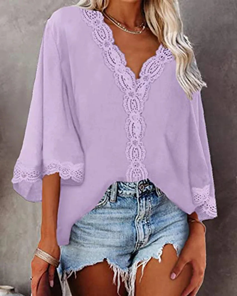 Blusa feminina de chiffon com costura de renda, decote em V, manga flare, blusa solta de verão, moda simples