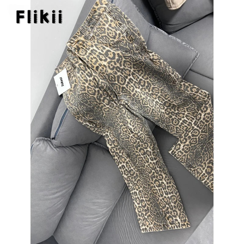 Calça jeans feminina americana retrô com estampa de leopardo, cintura alta, larga, casual, com bolsos, hip-hop, primavera/verão 2000, calça jeans pantera grande